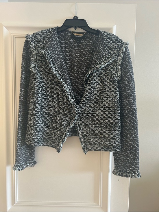 St. John Jackets & Blazers - St. John Couture Charcoal and Pale Blue Tweed Fringed Cropped Blazer